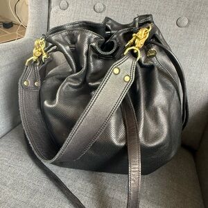 Clare V Black Perforated Leather Drawstring Hobo with Gold Hardware